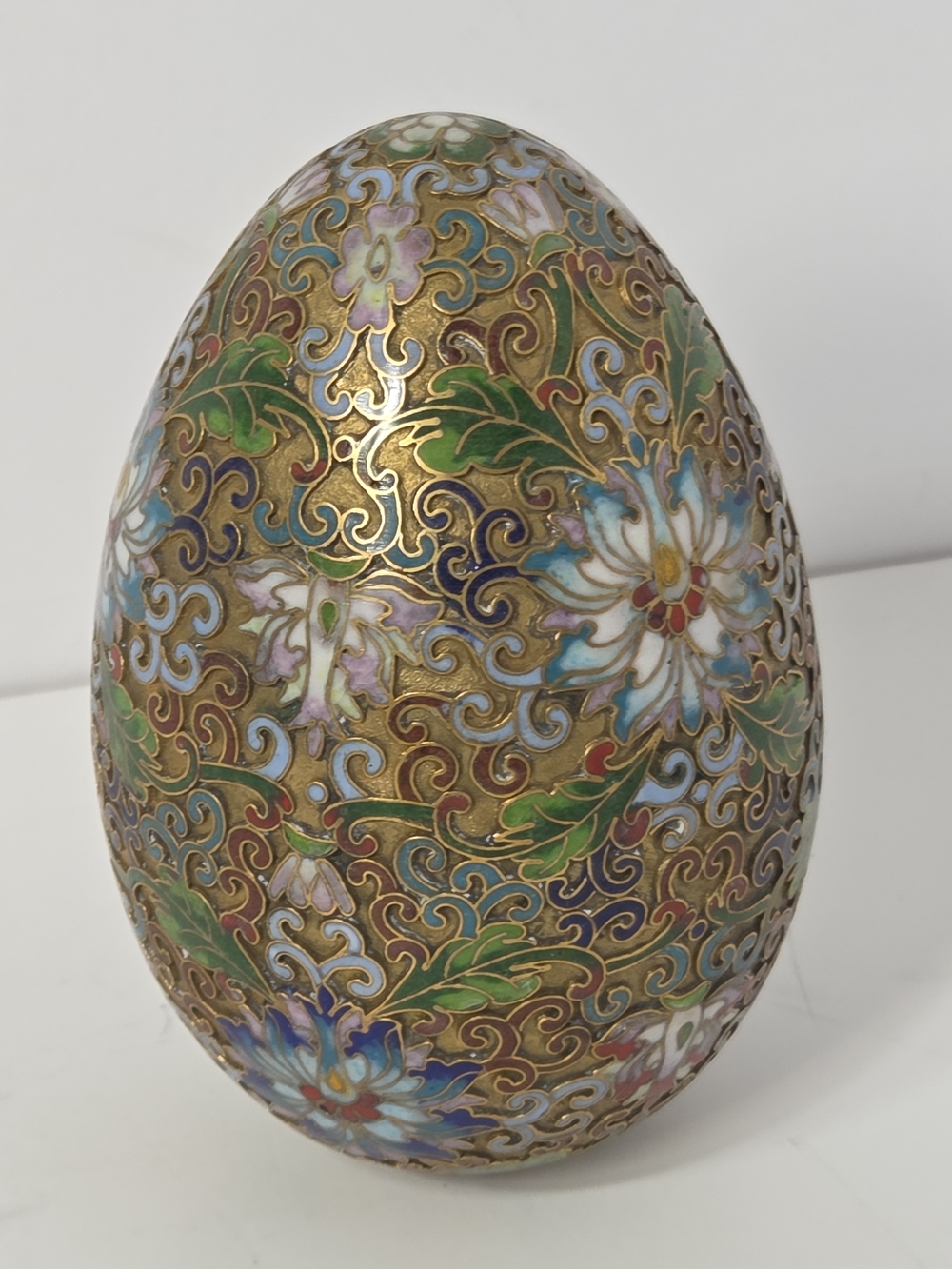 Decorative Cloisonné 1950s chinese brass egg no stand gold blue green  ornate